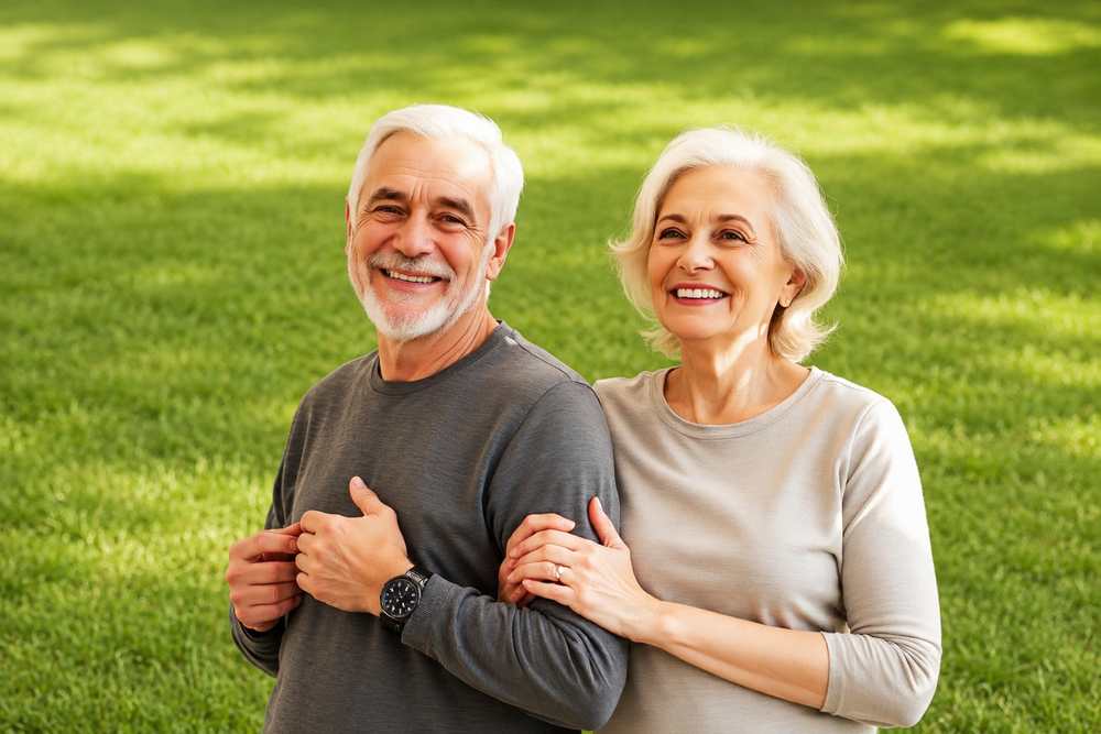 Active senior couple smiling outdoors